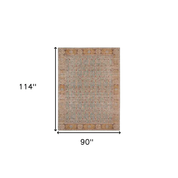 7' X 9' Teal Red And Orange Floral Area Rug