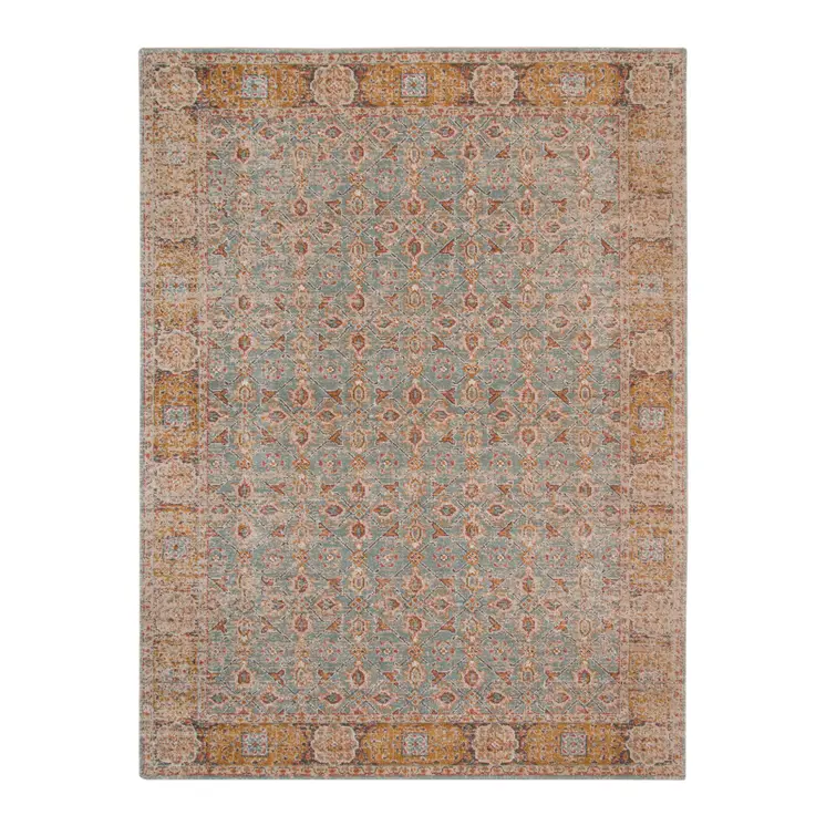 9' X 12' Teal Red And Orange Floral Area Rug