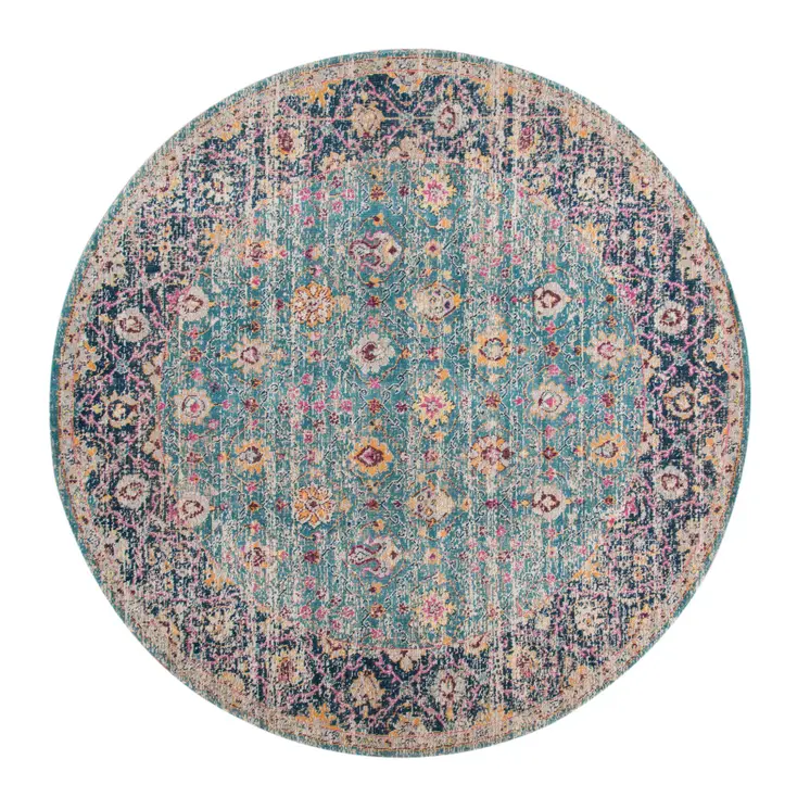 6' Teal And Orange Floral Distressed Round Rug