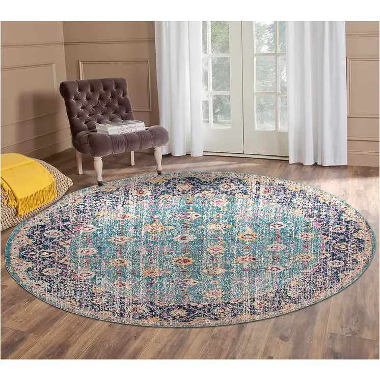 6' Teal And Orange Floral Distressed Round Rug