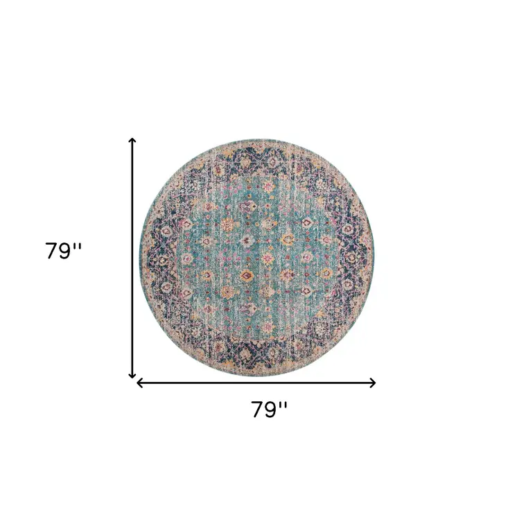 6' Teal And Orange Floral Distressed Round Rug