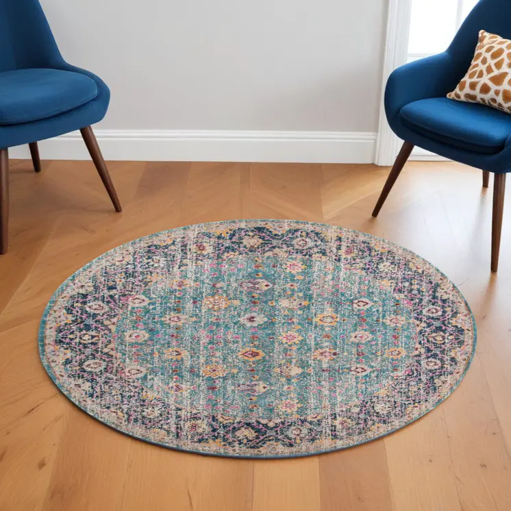 6' Teal And Orange Floral Distressed Round Rug