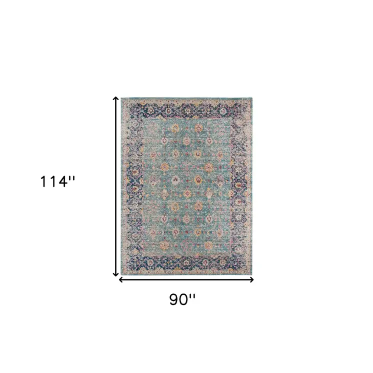 7' X 9' Teal And Orange Floral Distressed Area Rug
