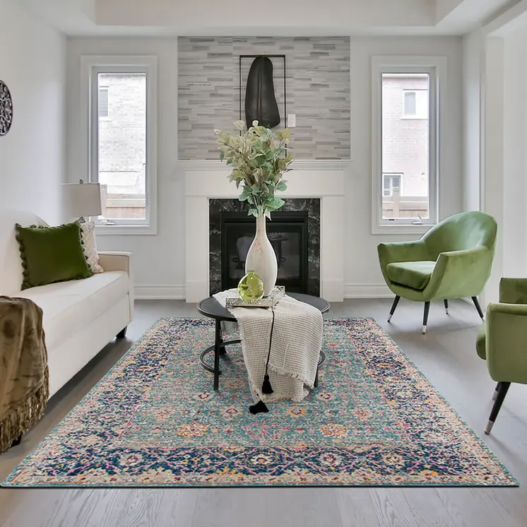 9' X 12' Teal And Orange Floral Area Rug