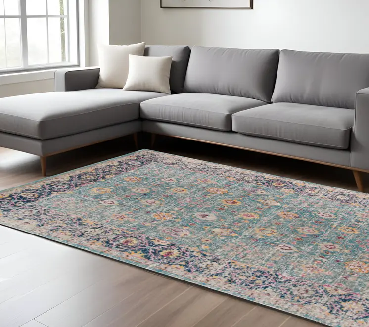 9' X 12' Teal And Orange Floral Area Rug