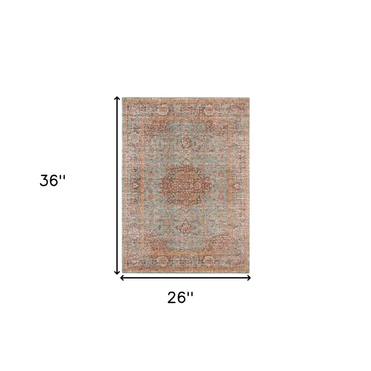 2' X 3' Teal Red And Orange Medallion Area Rug