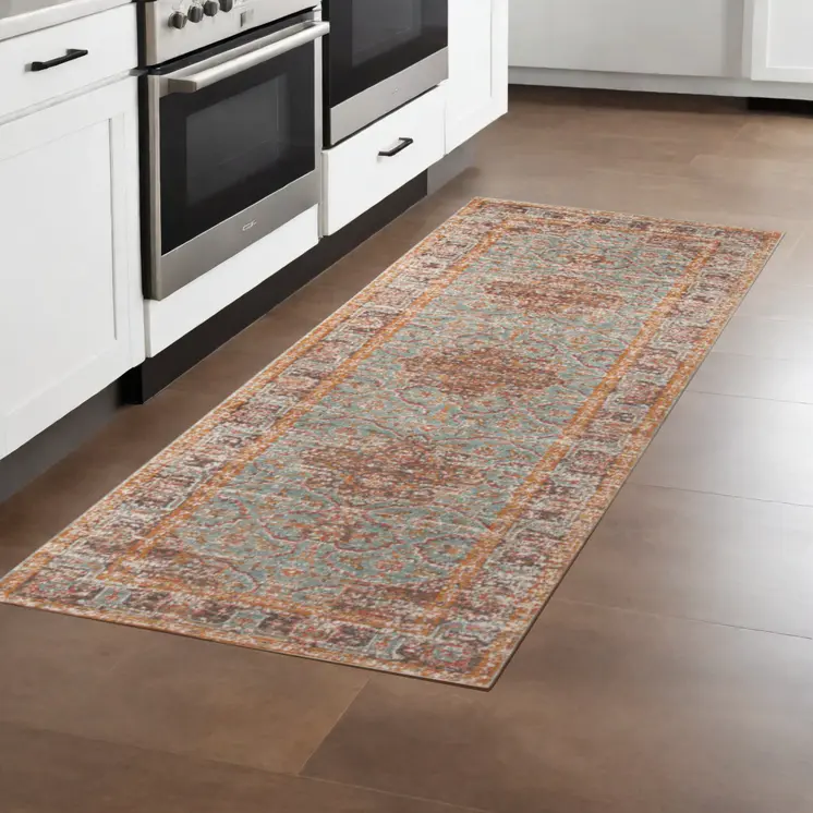 7' Teal Red And Orange Medallion Runner Rug