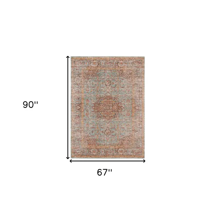 6' X 8' Teal Red And Orange Medallion Area Rug