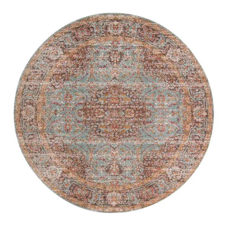6' Teal Red And Orange Medallion Round Rug