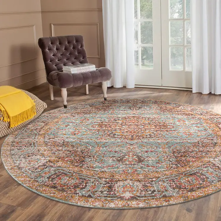 6' Teal Red And Orange Medallion Round Rug