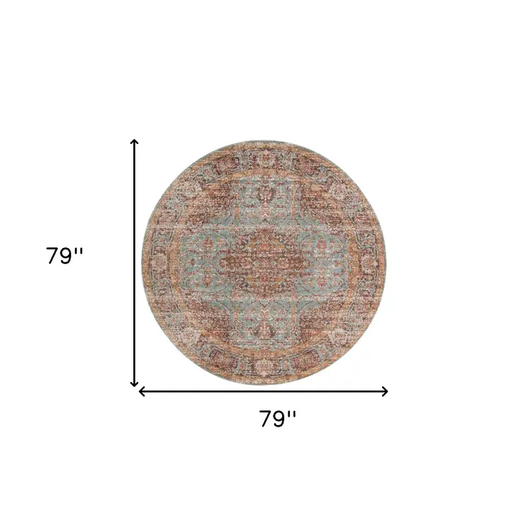 6' Teal Red And Orange Medallion Round Rug