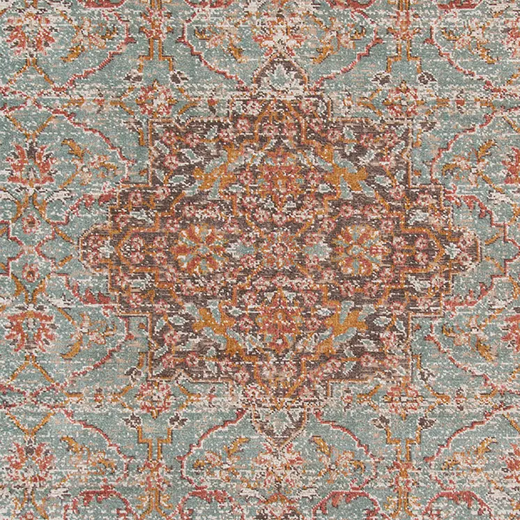 7' X 9' Teal Red And Orange Medallion Area Rug