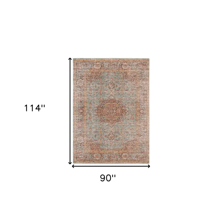 7' X 9' Teal Red And Orange Medallion Area Rug
