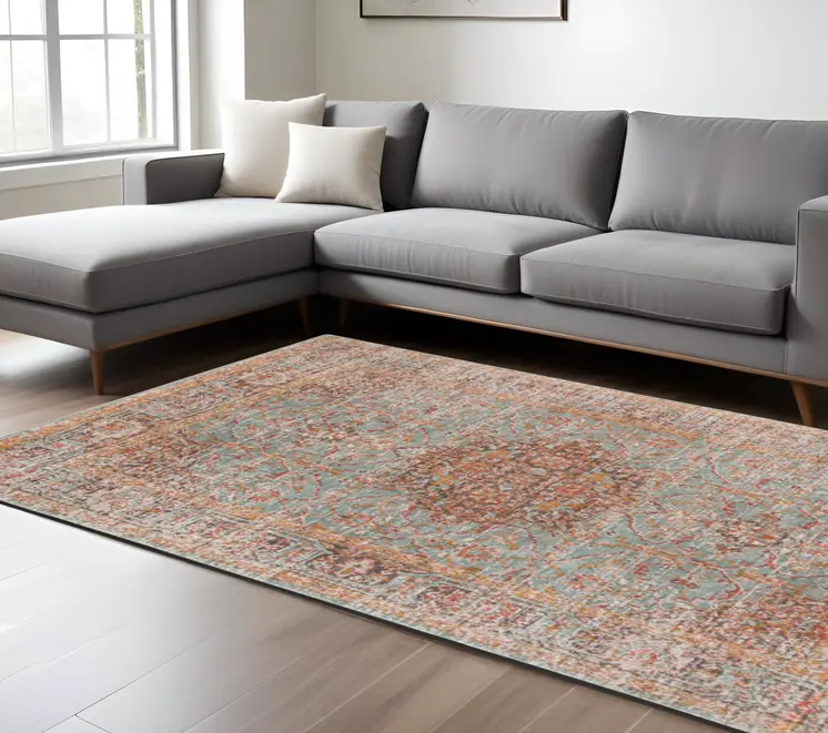 7' X 9' Teal Red And Orange Medallion Area Rug