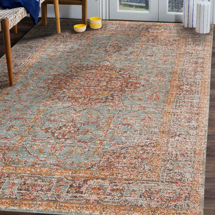 9' X 12' Teal Red And Orange Medallion Area Rug