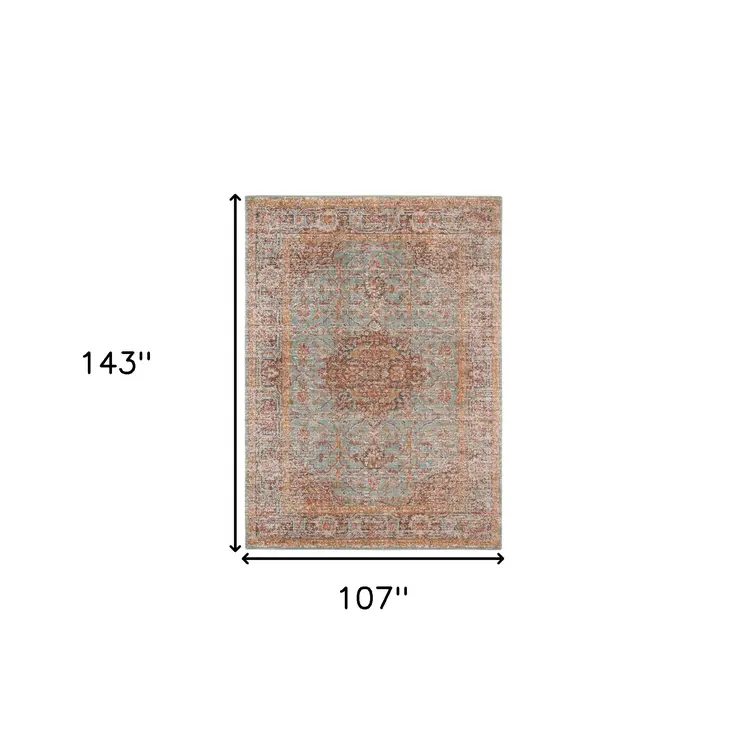 9' X 12' Teal Red And Orange Medallion Area Rug