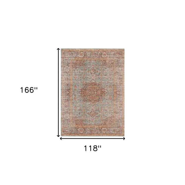 10' X 14' Teal Red And Orange Medallion Area Rug