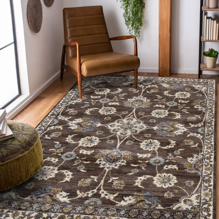 2' X 3' Ivory Blue And Brown Floral Area Rug