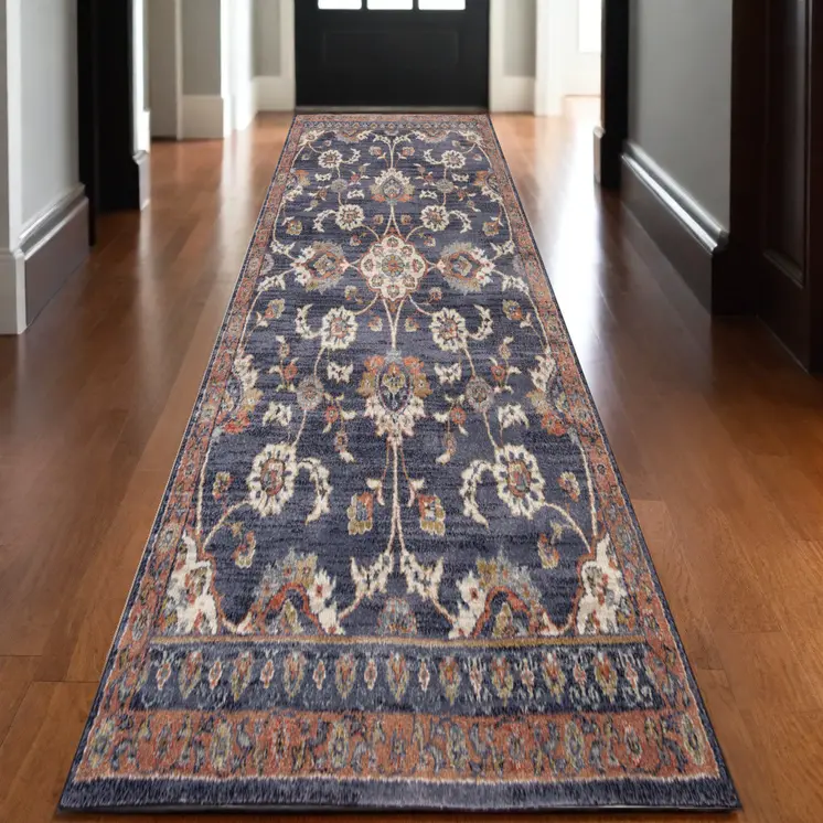 10' Ivory And Orange Floral Runner Rug