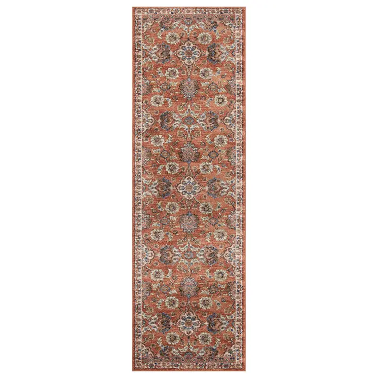10' Ivory Blue and Orange Floral Power Loom Runner Rug