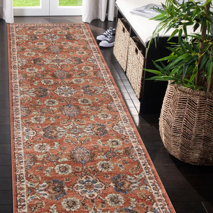 10' Ivory Blue and Orange Floral Power Loom Runner Rug