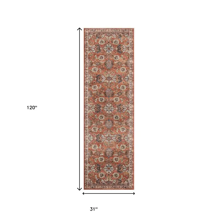10' Ivory Blue and Orange Floral Power Loom Runner Rug
