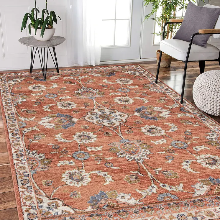 5' X 8' Ivory Blue and Orange Floral Power Loom Area Rug