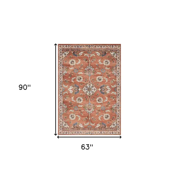 5' X 8' Ivory Blue and Orange Floral Power Loom Area Rug