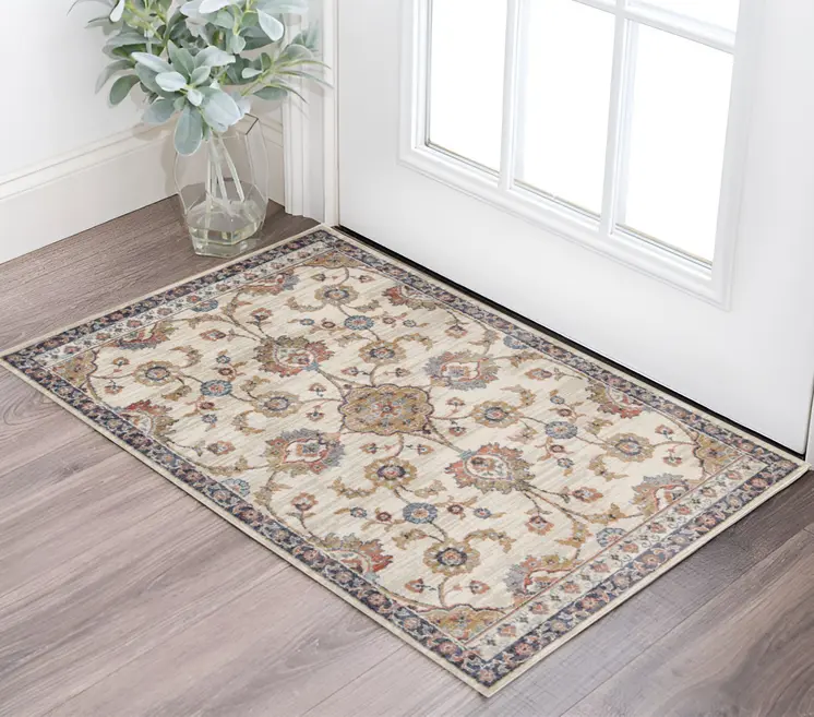 2' X 3' Ivory Tan And Blue Floral Area Rug