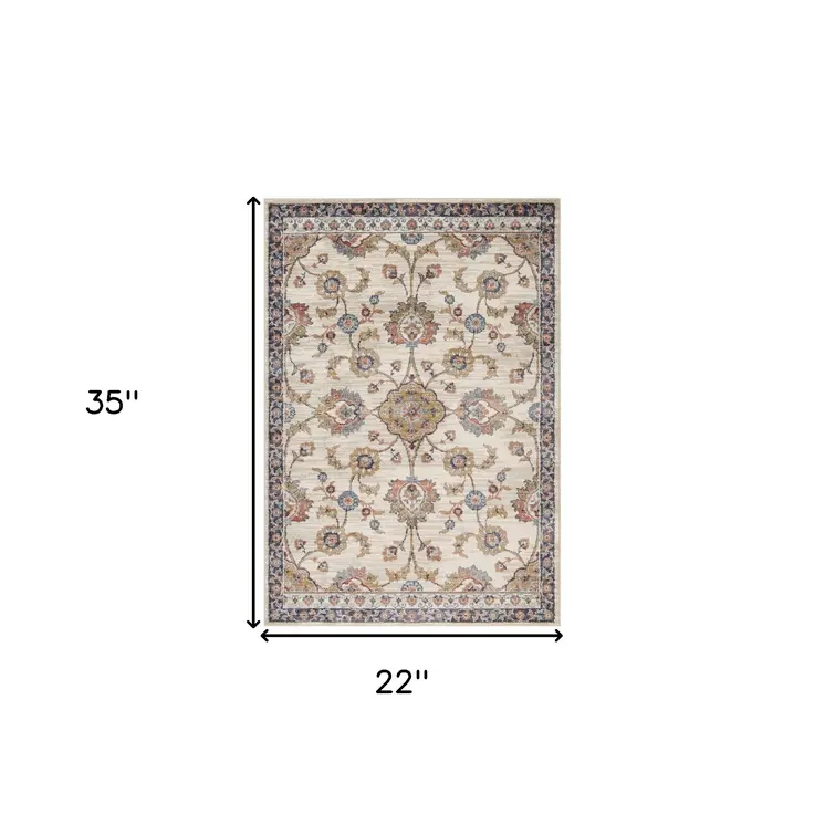2' X 3' Ivory Tan And Blue Floral Area Rug