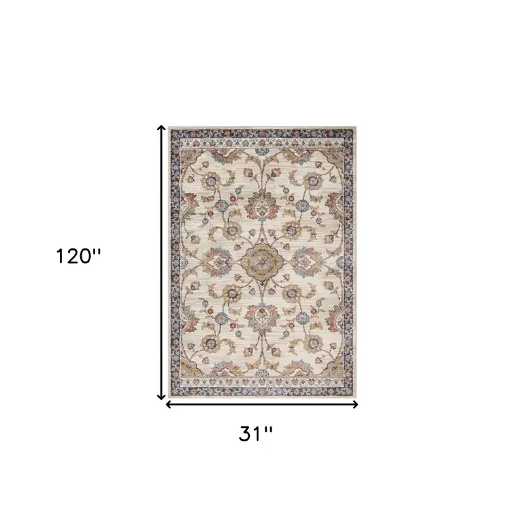 10' Ivory Navy and Orange Floral Power Loom Runner Rug