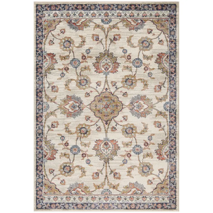 9' X 12' Ivory Tan And Blue Floral Area Rug