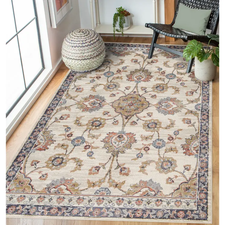 9' X 12' Ivory Tan And Blue Floral Area Rug