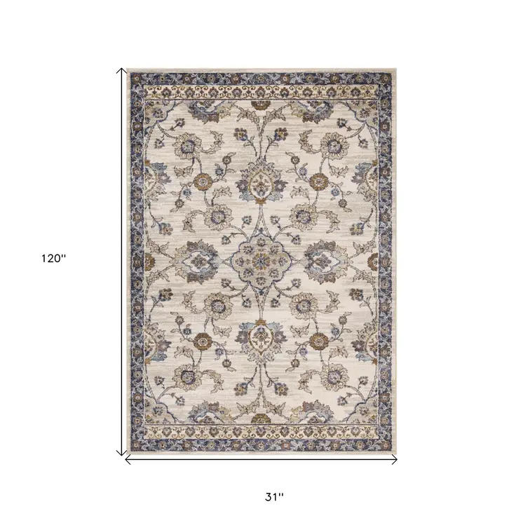 10' Ivory And Charcoal Floral Runner Rug