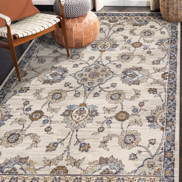 5' X 8' Ivory And Charcoal Floral Area Rug