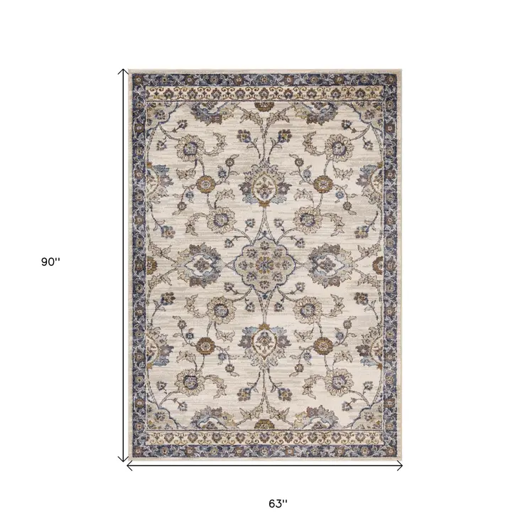 5' X 8' Ivory And Charcoal Floral Area Rug