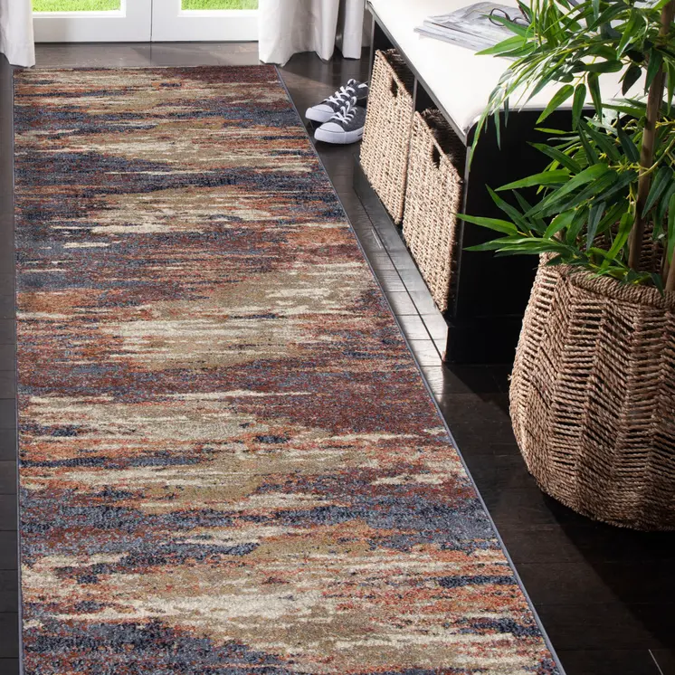 10' Ivory Rust And Blue Abstract Runner Rug