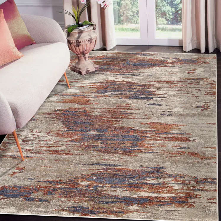 9' X 12' Beige Rust And Blue Abstract Area Rug