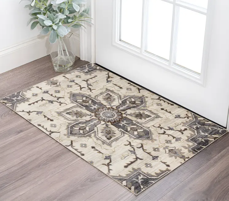 2' X 3' Ivory Gray And Black Floral Medallion Area Rug