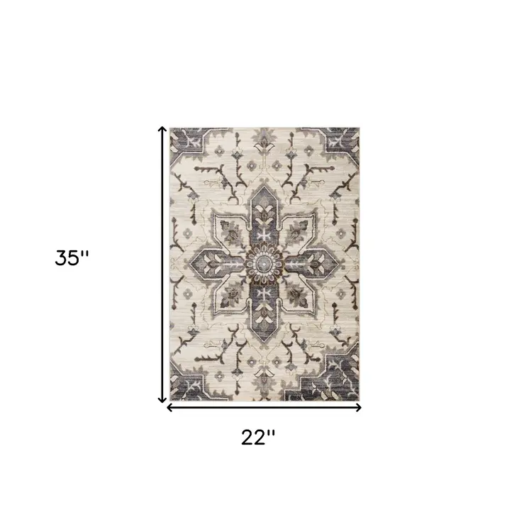 2' X 3' Ivory Gray And Black Floral Medallion Area Rug
