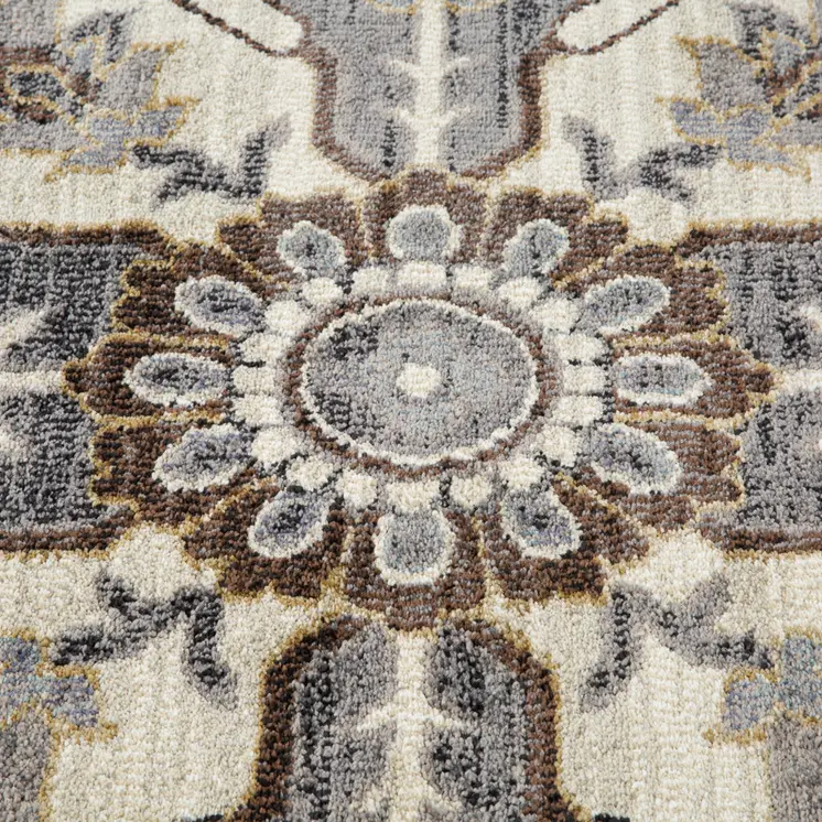 10' Ivory Gray And Black Floral Medallion Runner Rug