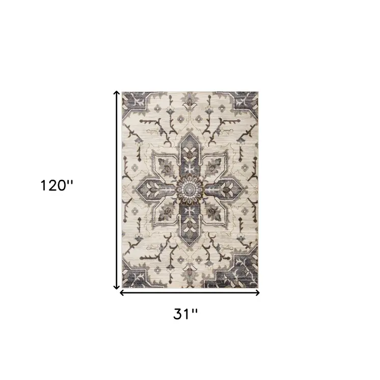 10' Ivory Gray And Black Floral Medallion Runner Rug