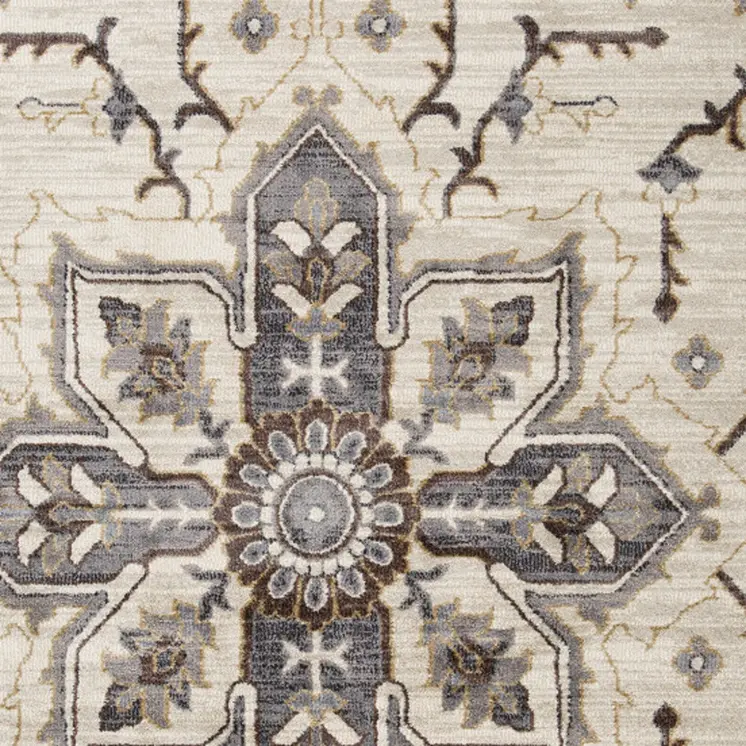 6' X 9' Ivory Gray and Black Floral Medallion Power Loom Area Rug