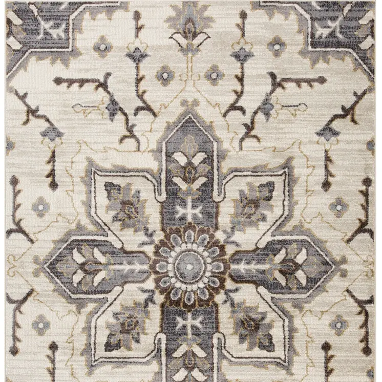 6' X 9' Ivory Gray and Black Floral Medallion Power Loom Area Rug