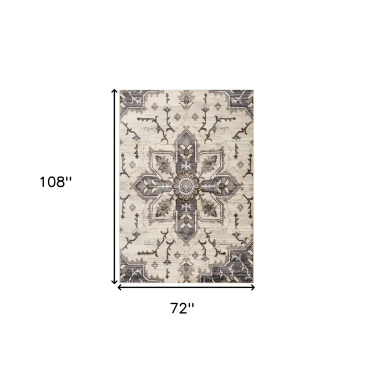 6' X 9' Ivory Gray and Black Floral Medallion Power Loom Area Rug