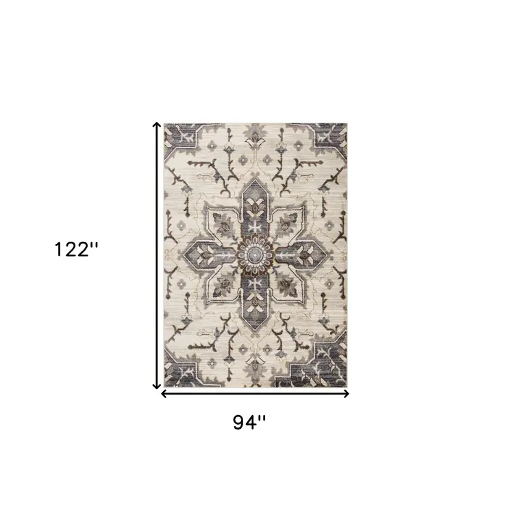 8' X 10' Ivory Gray And Black Floral Medallion Area Rug