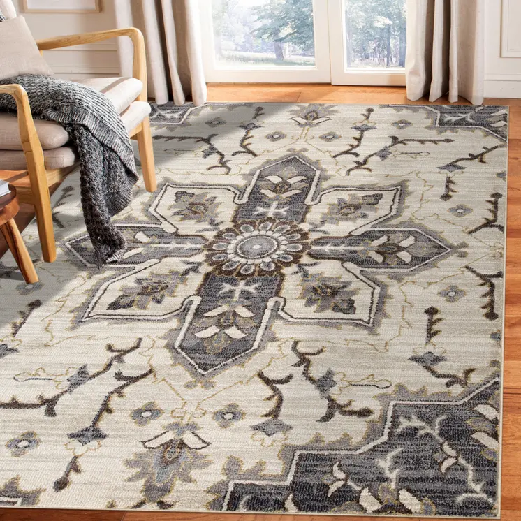 9' X 12' Ivory Gray And Black Floral Medallion Area Rug