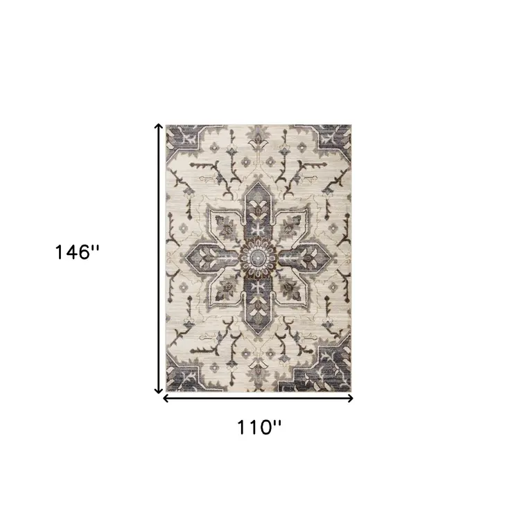 9' X 12' Ivory Gray And Black Floral Medallion Area Rug