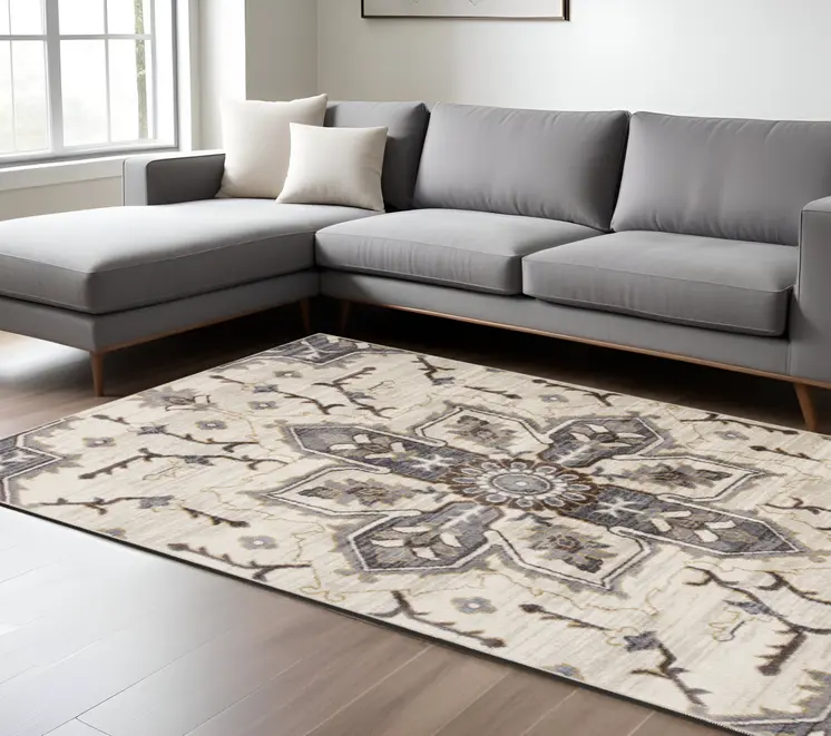 9' X 12' Ivory Gray And Black Floral Medallion Area Rug