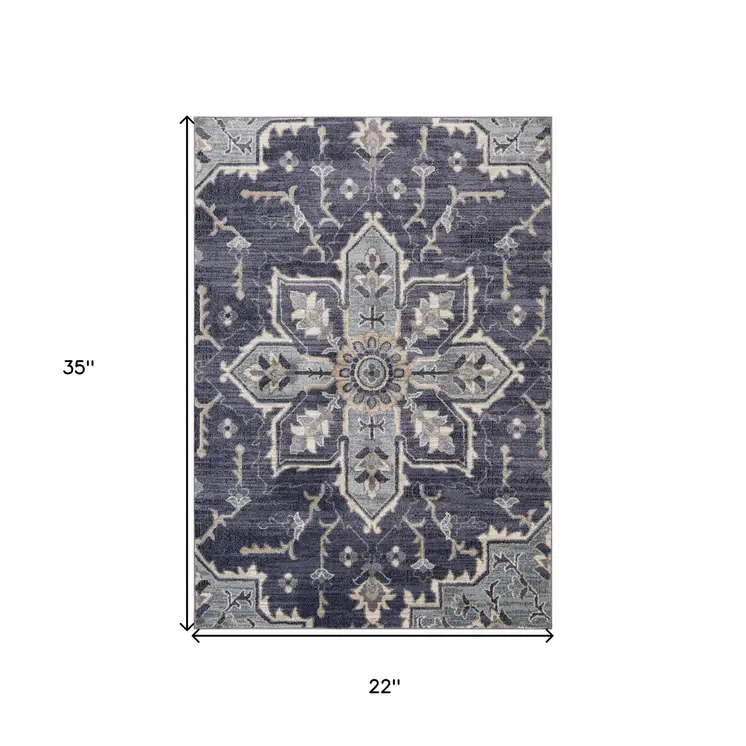 2' X 3' Ivory Gray And Purple Floral Medallion Area Rug